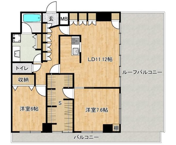 コスモリード蓮沼の間取り|南東向き広々ルーフバルコニーと大型サービスルーム？ウォークインクローゼット付の2SLDK
80平米超えの余裕ある広さとルーフバルコニーの解放感がポイント！