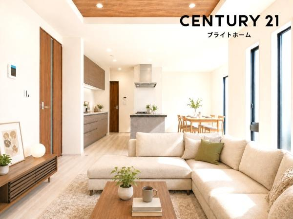 横浜市緑区いぶき野の新築一戸建の居間・リビング|自慢したくなるリビング！
形も良く家具の配置にも困りません。
※家具等はＣＧでの参考レイアウトです。