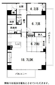 「北東角部屋」高知市北本町4丁目アルファステイツ北本町3　中古マンションの間取り|家族が集う広々LDK18.7帖！陽光あふれる2面バルコニーの角部屋☆