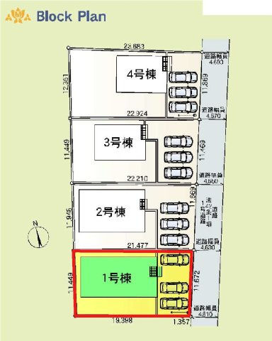 太田市新田上江田町第2　クレイドルガーデン　1号棟の区画図|1号棟　区画図　東側接道幅員約4.6ｍ		
	
