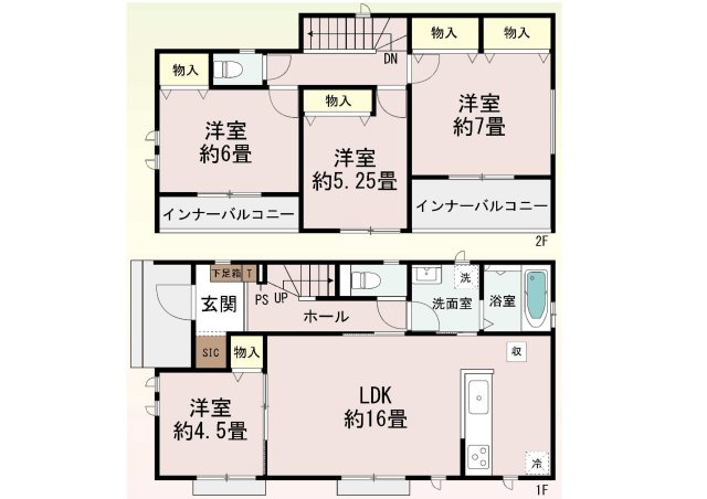 新築　高崎市新保町　Heartful　Town　A号棟の間取り|建物面積103.51㎡　全居室南向き♪シューズインクローク・各部屋収納付きで便利です！インナーバルコニーなので急な雨でもお洗濯物も安心です。