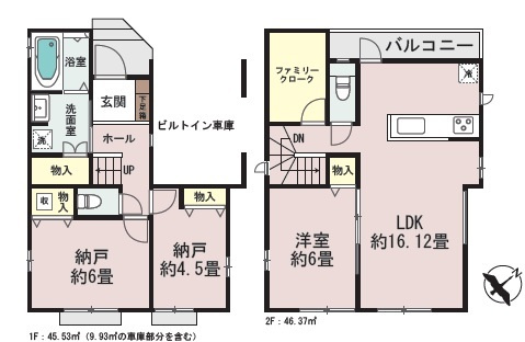 【間取り】 | ふじみ野市鶴ケ舞１丁目　新築一戸建住宅　全１棟　（ふじみ野店） | ・家族との会話が自然と増える対面式キッチンを採用
・愛車を守れるビルトインガレージを完備
・大容量のファミリークロークを完備！