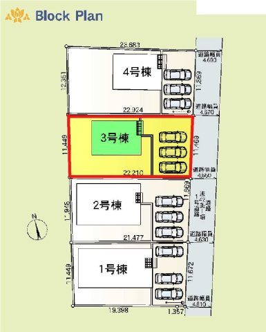 太田市新田上江田町第2　クレイドルガーデン　3号棟の区画図|3号棟　区画図　東側接道幅員約4.6ｍ		
	
