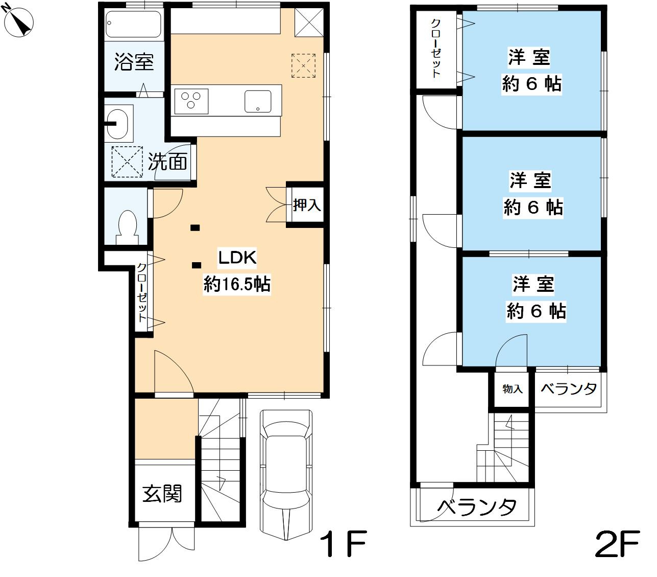 上大市四丁目　テラスハウスの間取り|LDK約16.5帖
カウンターキッチン
全洋室約6帖以上