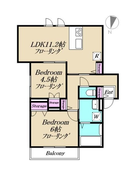 めぞん梅の里の間取り|3面角部屋の2LDK　バルコニー向き北向きとなりますが、
リビング南側！