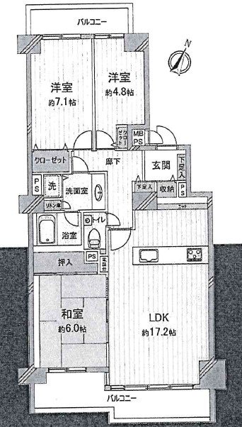 六甲グランドヒルズ参号館の間取り|南東向き＆両面バルコニー！