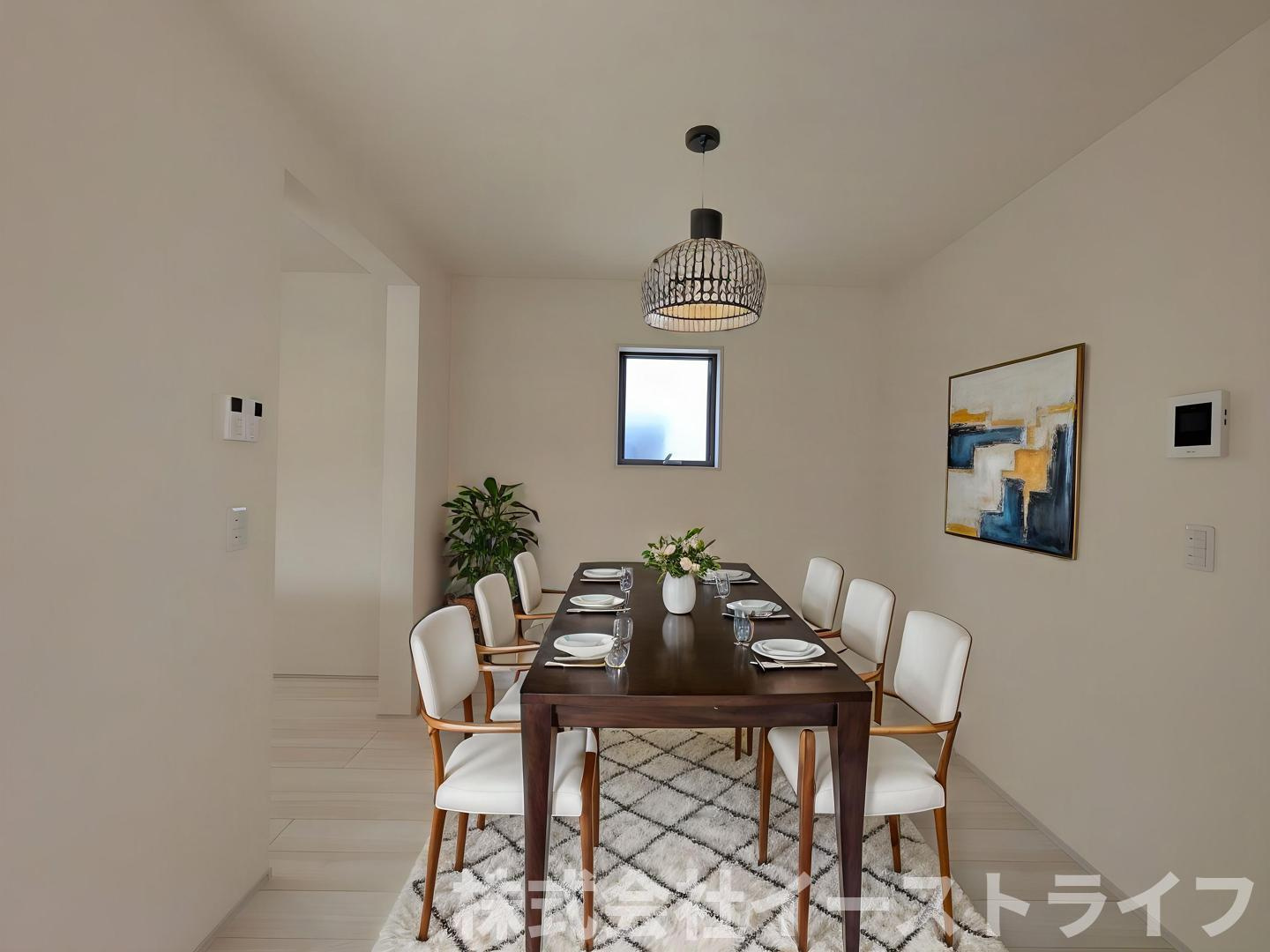 【新築戸建】　いわき市郷ケ丘2丁目第10　全3棟　長期優良住宅のダイニング|3号棟のダイニングに家具を配置したイメージ画像です。※本画像はCGで作成しており、実際に現地に 家具は置かれておりません。また、価格に 家具は含まれておりません。