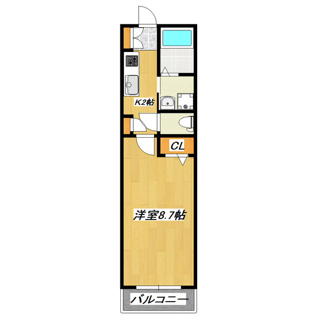 プリムコートの間取り|洋室８．７帖の広めのお部屋です。
