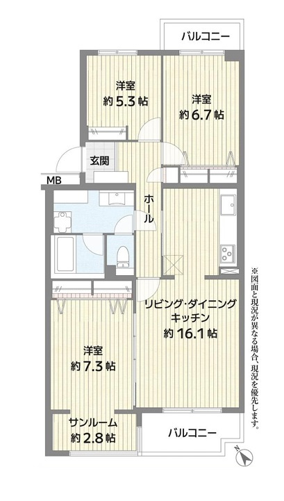◎茅ヶ崎市香川1丁目　ライトタウン茅ヶ崎2号棟の間取り|3LDK+サンルーム☆