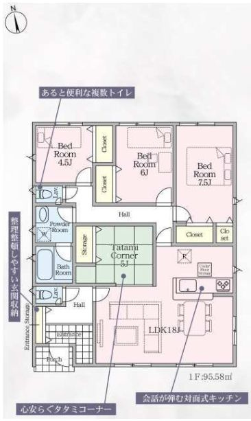クレイドルガーデン前橋市富士見町時沢第11　2号棟（平屋）の間取り|南向きの3LDK+畳コーナーで陽当たり良好な間取りです！
土地面積267.08㎡、建物面積95.58㎡で十分な広さです！