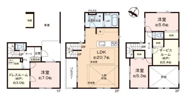 ふじみ野市上福岡３丁目の新築一戸建の間取り|明るく開放感のあるワンフロアタイプの2階リビング♪

