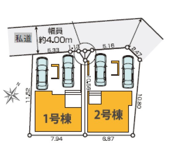 ふじみ野市上福岡３丁目の新築一戸建の区画図|並列駐車2台可能！ご夫婦で車をお持ちの方の安心です。