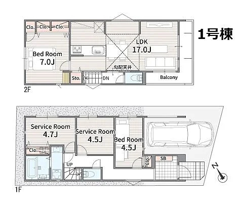 中野区江古田2丁目　安心の住環境　車庫付き戸建　最終1棟の間取り|1号棟　2LDK+2S　土地面積79.32m2　建物面積100.62m2