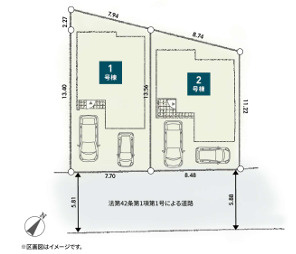 平塚市黒部丘　新築戸建　全２棟の区画図|対象地は１号棟です。