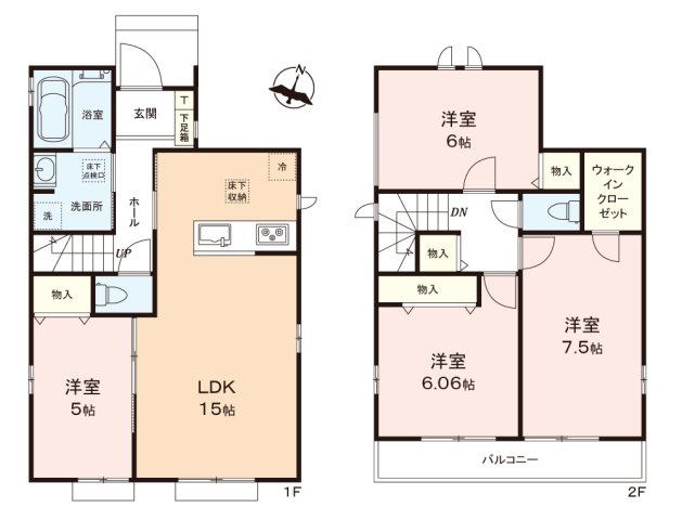 富士見市水谷東１丁目の新築一戸建の間取り|部屋数豊富な4LDK！ワークスペースや子供部屋などにも◎！
LDKは15帖のゆとりの広さ。
