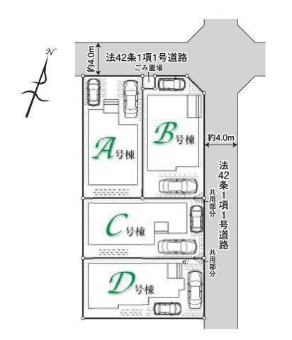 富士見市水谷東１丁目の新築一戸建の区画図|全棟駐車スペースは2台分あり、セカンドカー利用も可能です。