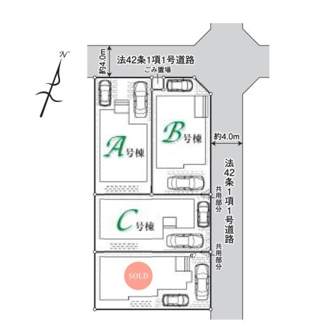 富士見市水谷東１丁目の新築一戸建の区画図|全棟駐車スペースは2台分あり、セカンドカー利用も可能です。