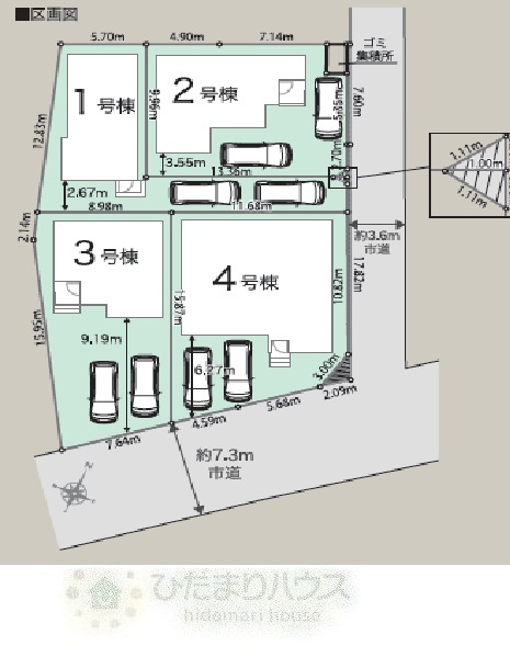 野田市中野台01期　新築戸建　4号棟の区画図|全4棟　接道：南東側約7.3m市道　接道：北東側約3.6ｍ市道