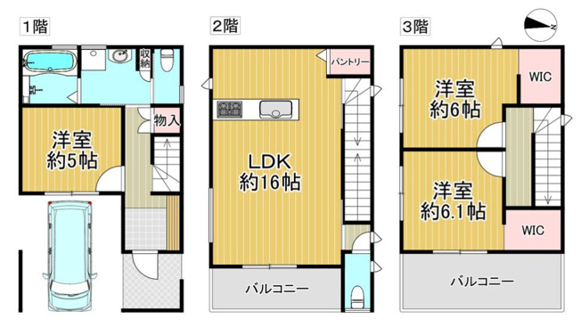 【間取り】 | 東大阪市大蓮南4丁目 | 3階建【全洋室3LDK＋車庫】