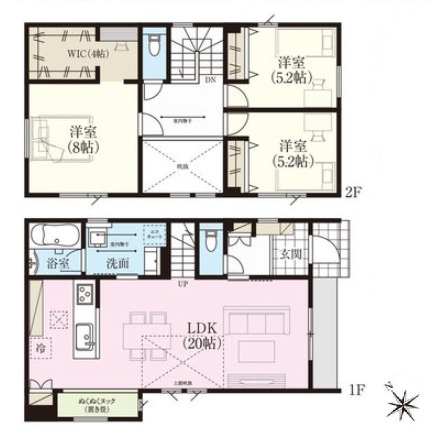 福住２条９丁目　新築戸建の間取り|吹き抜けのある広々とした20帖のLDKが特徴。洗面室と脱衣室が分かれており、入浴中でも洗面台が使える人気の間取りです