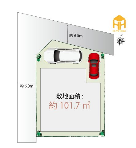 SPITI稲葉荘4丁目条件付き売土地の土地図|約101.7㎡のゆとりある敷地。北西角地ならではの開放感を活かした建物プラン例をご用意しています。駐車2台可能（車種による）で、ご家族の暮らしをイメージしながらご検討いただけます。