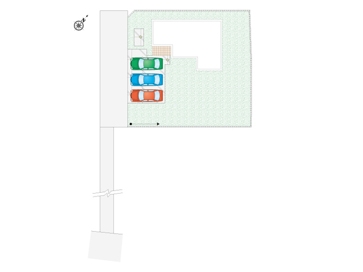 久喜市鷲宮（全4区画）2号棟　区画図　並列3台分の駐車スペースを確保。ゆとりある敷地でお庭も広く、ガーデニングやお子様の遊び場としても活用できます。