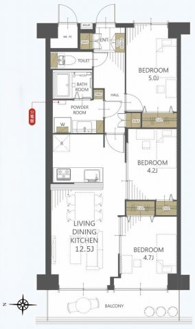 恒陽王子マンションの間取り|3LDK 専有面積61.60m2 バルコニー面積7.84m2
