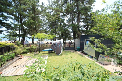 【庭】 | 大津市荒川387-12　琵琶湖に面する戸建 | 2026年7月撮影、玄関前から見た庭、敷地の奥には松の浦水泳場が見えます