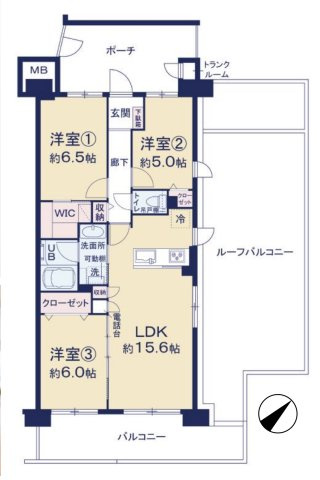 アメニクス川口の間取り|3LDK 専有面積72.00m2 バルコニー面積11.40m2
ルーフバルコニー付の開放的な間取りです。