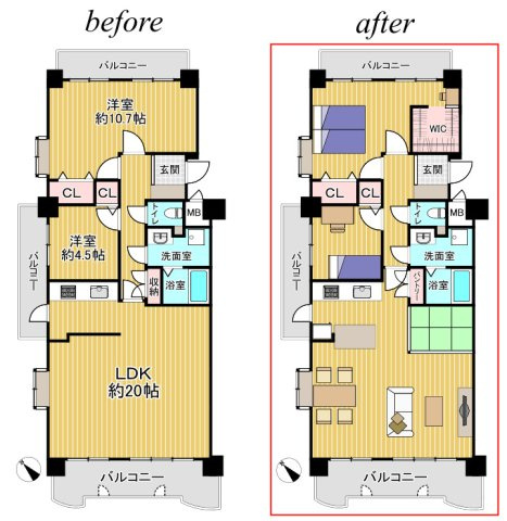 グラン・ビア新川町の間取り|現在の間取り（before）をもとに、ライフスタイルに合わせたリフォームプラン（after）をご提案しています。
お客様のご希望に合わせたプランニングも可能です。※掲載プランはイメージです。