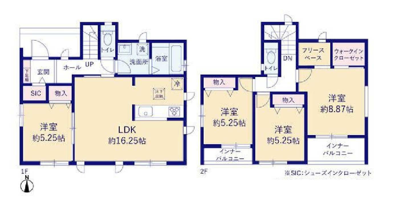 新築　高崎市双葉町　Heartful　Town　A号棟の間取り|建物面積104.74㎡　全居室南向き♪シューズインクローク・フリースペース・ウォークインクローゼット・各部屋収納付きで便利です！インナーバルコニーなので急な雨でもお洗濯物も安心です。