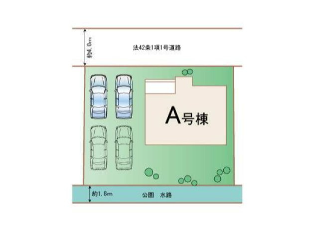 新築　高崎市双葉町　Heartful　Town　A号棟の区画図|1号棟　区画図　北側接道幅員約4ｍ
