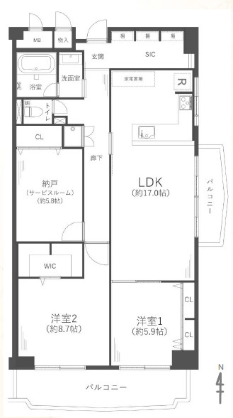 ローズハイツ夙川の間取り|WIC・SIC付きの2LDK！収納豊富！