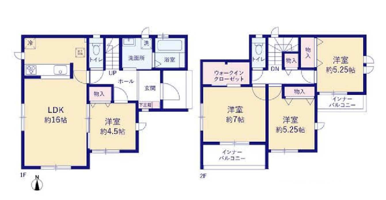 新築　前橋市南町４丁目　Heartful　Town　A号棟の間取り|建物面積100.81㎡　全居室南向き♪ウォークインクローゼット・各部屋収納付きで便利です！インナーバルコニーなので急な雨でもお洗濯物も安心です。