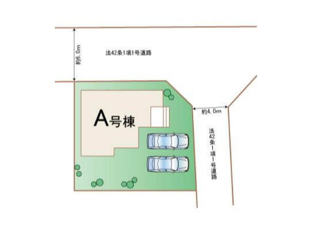 新築　前橋市南町４丁目　Heartful　Town　A号棟の区画図|1号棟　区画図　北側接道幅員約6ｍ　東側接道幅員約4ｍ
