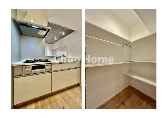 東建金町マンションのキッチン|ワイドで収納豊富なシステムキッチン・大型パントリー