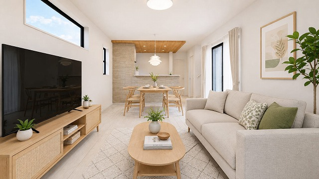 【外観】 | 青く澄み渡る空の下、陽の光をたっぷりと浴びる新築住宅で、新生活をスタートしてみませんか？見学・ご相談など、お気軽にミライズホーム(株)までご連絡ください。