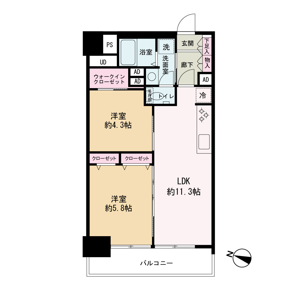 八王子スカイマンションの間取り|LDK約11.3帖＋洋室2部屋の2LDK。WICと各居室のクローゼット、廊下収納と充実の収納力。