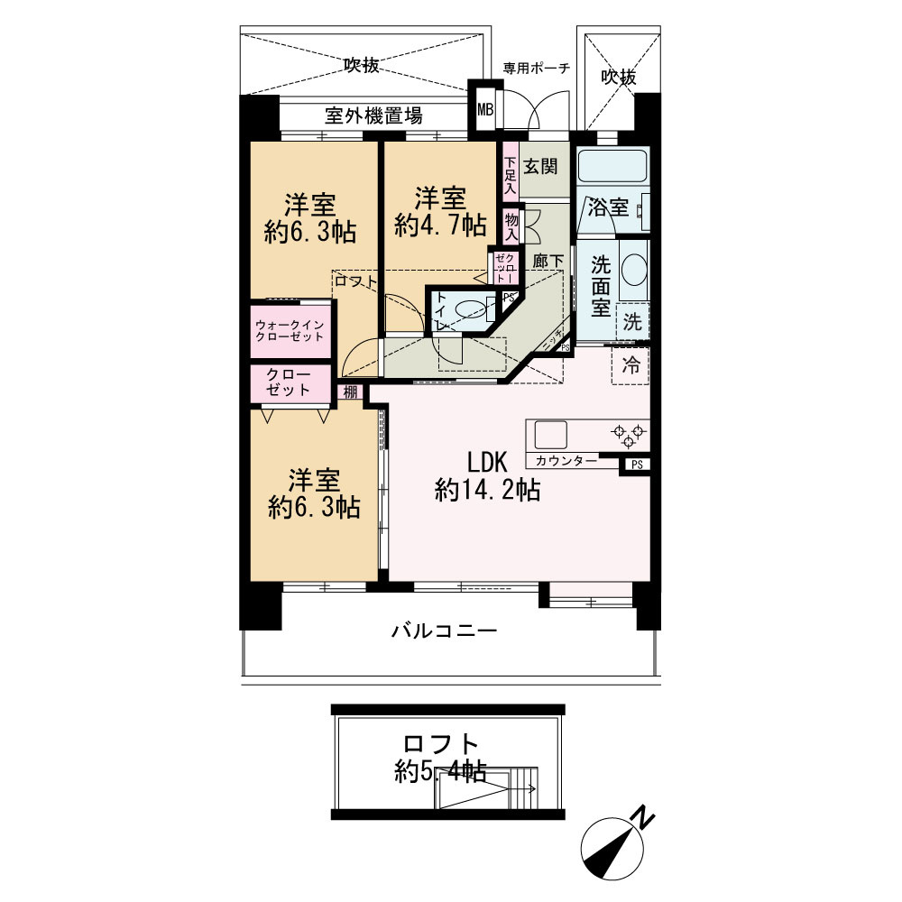 レールシティ八王子かえで通りの間取り|ロフトやWIC、専用ポーチを備えた開放感あふれる3LDK！プライバシーと収納力に優れた間取り。
