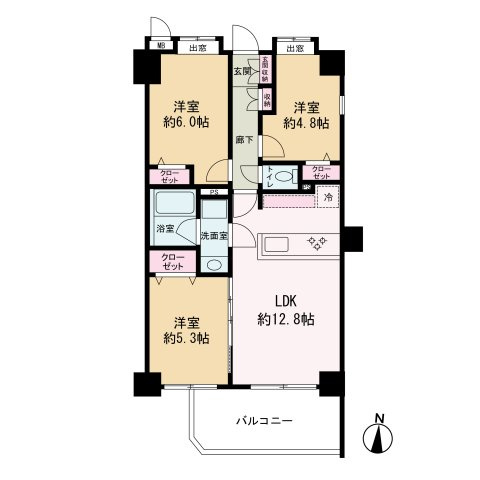 グランシティ八王子の間取り|LDK12.8帖と全居室収納付きの3LDK！出窓を備えた洋室など、採光と使い勝手に優れた間取り。