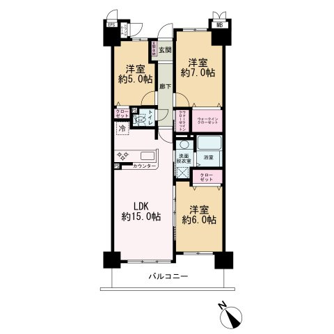 ルモン八王子の間取り|広々LDK15.0帖と全居室クローゼット完備の3LDK！WICや洗面室収納など収納豊富な間取り。