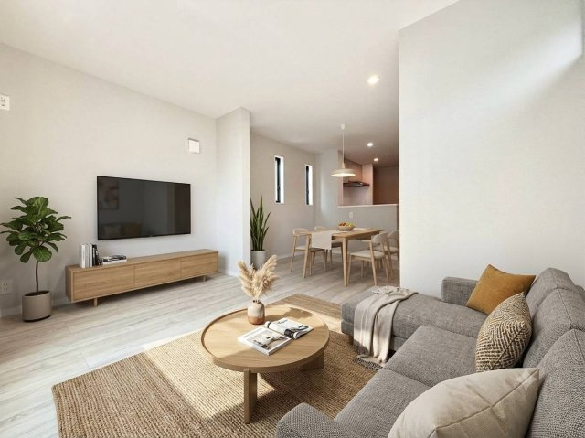 杉並区上高井戸1丁目　新築戸建の居間・リビング|のびやかに広がるリビングは、一年を通して爽やかな光と風に癒される家族のなごみ空間。（家具は全てCGです。）

現地ご見学希望・資料請求などお気軽にお問い合わせ下さい！
03-5990-5201