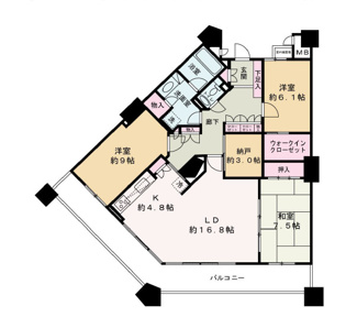 【間取り】 | ルネセントラルタワー | 南東向きバルコニーで陽当たり良好な３LDKの間取りです♪
