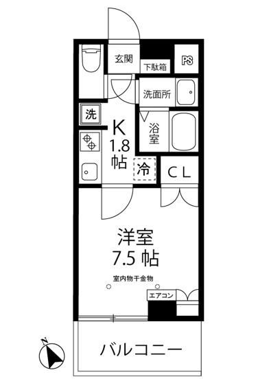 【間取り】 | LOC’S/ロックス北山田 | キッチン1.8帖・洋室7.5帖の1Kタイプのお部屋です☆はじめての一人暮らしにもぴったり♪なんと言っても角部屋なのが嬉しい♪