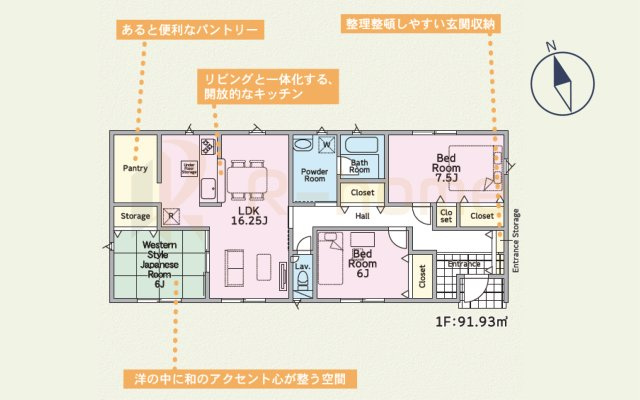 土浦市桜ケ丘町第5　新築戸建て　2号棟の間取り|3LDK＋パントリー、土地面積307.77ｍ2、建物面積91.93ｍ2