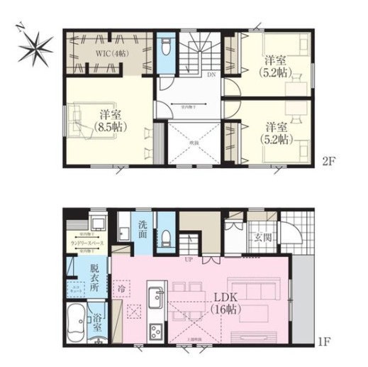 福住２条９丁目　1号棟　新築戸建の間取り|吹き抜けのある16帖のLDKが特徴。洗面室と脱衣室が分かれており、入浴中でも洗面台が使える人気の間取りです