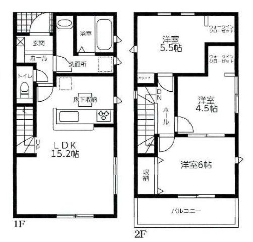 知多市新舞子神田42-1『仲介手数料無料』新築一戸建て・建売の間取り|　3号棟　1F:LDK15.2帖！リビングイン階段♪2F:洋室5.5帖　カウンター・WIC設置！洋室4.5帖　WIC設置！洋室6帖　CL設置♪南面バルコニー♪