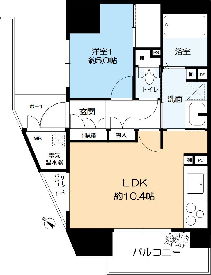 神戸元町山手ヴィアージュの間取り|1LDK、価格3,098万円、バルコニー面積5.40㎡、サービスバルコニー1.30㎡