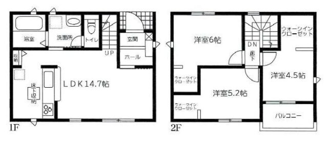 知多市新舞子神田42-1『仲介手数料無料』新築一戸建て・建売の間取り|　4号棟　1F:LDK14.7帖！キッチン収納♪家事動線の良い間取り♪リビングイン階段♪2F:洋室6帖・洋室5.2帖・洋室4.5帖　WIC設置！南面バルコニー♪