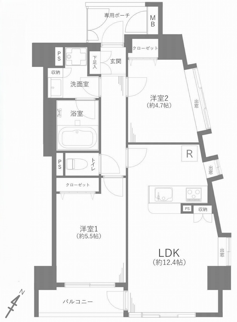 ローズアヴェニュー西巣鴨の間取り|2LDK 専有面積54.49m2 バルコニー面積3.99m2 
プライバシーを保ちやすい2.99㎡の専用ポーチ付き！全居室にクローゼットを備え、無駄のない動線で快適に暮らせる機能的なレイアウトです。